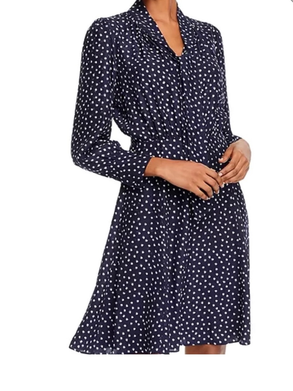 Rebecca Taylor Navy and White Heart Long-Sleeve Silk Dress